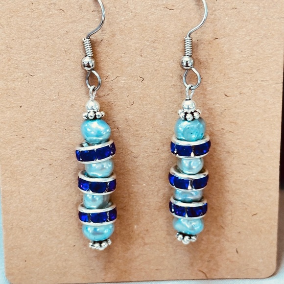 Stainless Steel Genuine Freshwater Light Blue Pearls 4ea w/Purples Crystals - Picture 3 of 6